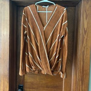 Lush Brown Ribbed Wrap Blouse with Long Sleeves
